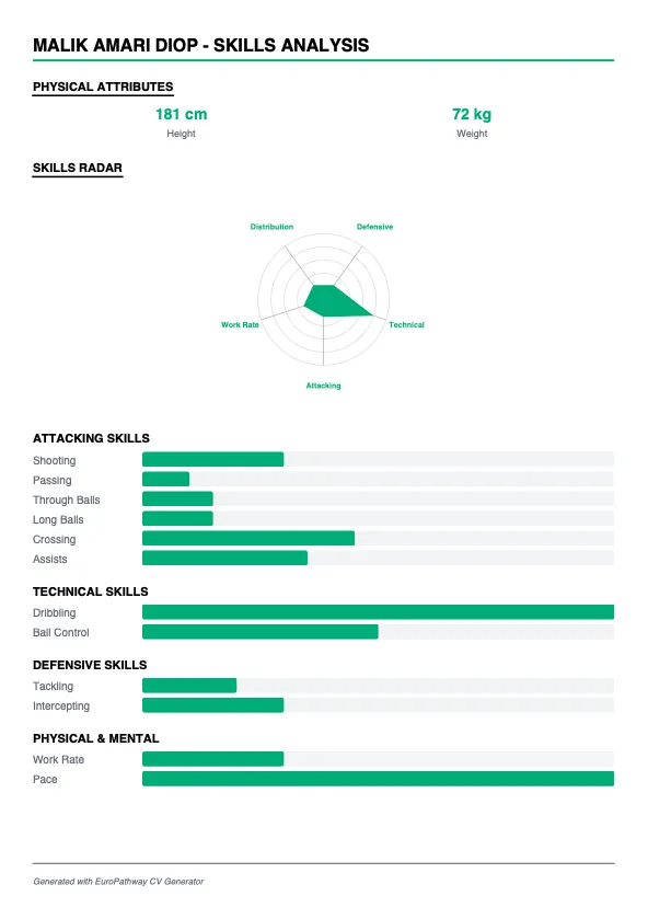 Professional football player skills analysis with radar charts and detailed statistics