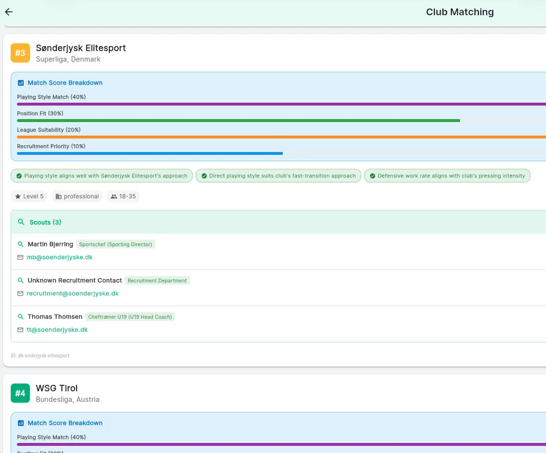 AI-powered matching of your player profile with European club scout contacts
